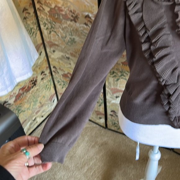 ANTHROPOLOGIE GUINEVERE BROWN BUTTON UP SCALLOPED SWEATER SIZE L - Picture 6 of 13